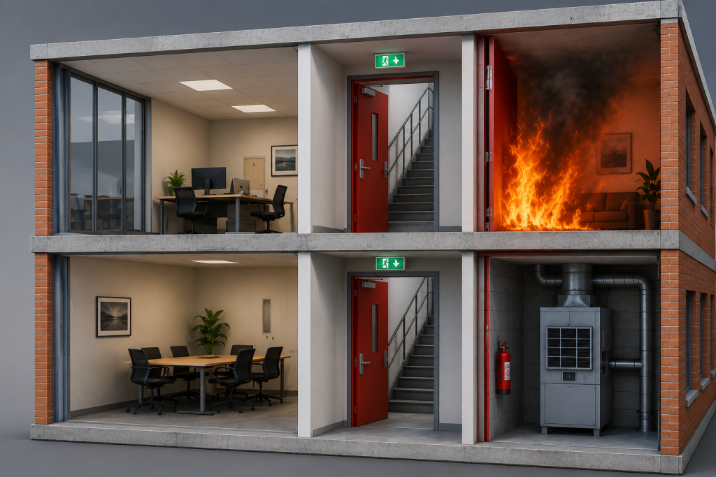 Compartmentation made simple Blog 2 - Safeguard Consultancy Cross-section of a two-story office building showing a fire in the top-right room, with red doors, stairwell, and surrounding desks and meeting areas