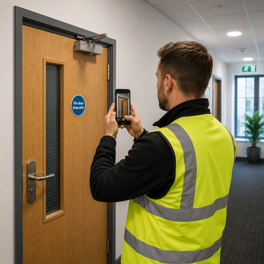 Maintenance worker in a high-visibility vest takes a photo of a wooden fire door labeled 'Fire door keep shut' in a hallway.