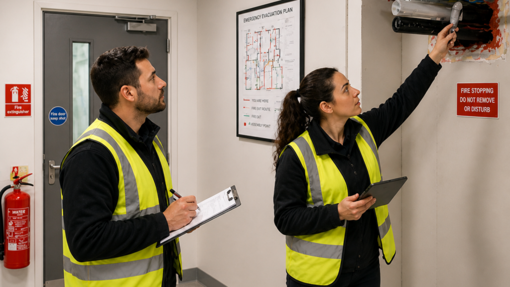 fire compartmentation surveying blog post - Safeguard Consultancy Two safety workers in high-visibility vests inspect a wall-mounted device, one notes on a clipboard while the other points to it.