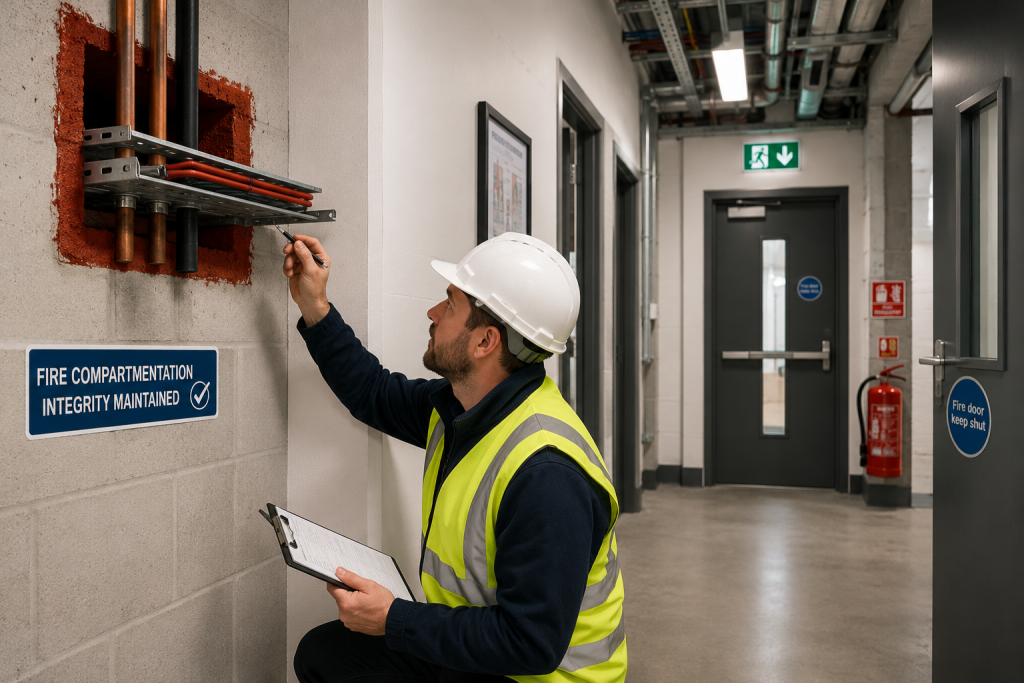 fire compartmentation surveying blog post 2 - Safeguard Consultancy Construction worker in a neon vest and hard hat inspects a wall panel with cables, clipboard in hand for notes.