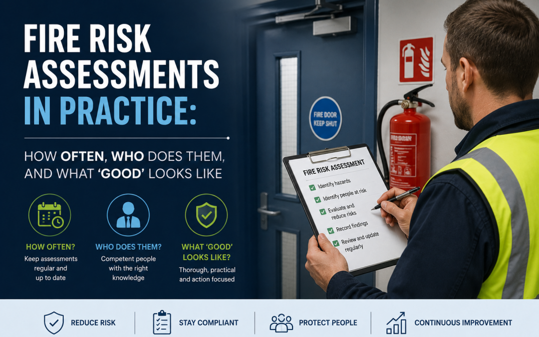 Poster: 'Fire Risk Assessments in Practice' with a safety worker in a high-visibility vest writing on a clipboard by a fire extinguisher.