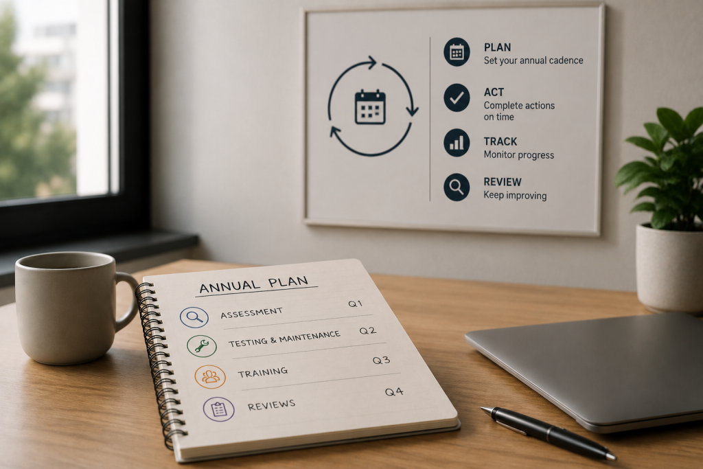 fire risk assessment blog - Safeguard Consultancy Notebook titled 'Annual Plan' open on a wooden desk showing four quarters (Q1–Q4) and icons for Assessment, Testing & Maintenance, Training, and Reviews, with a coffee mug nearby.