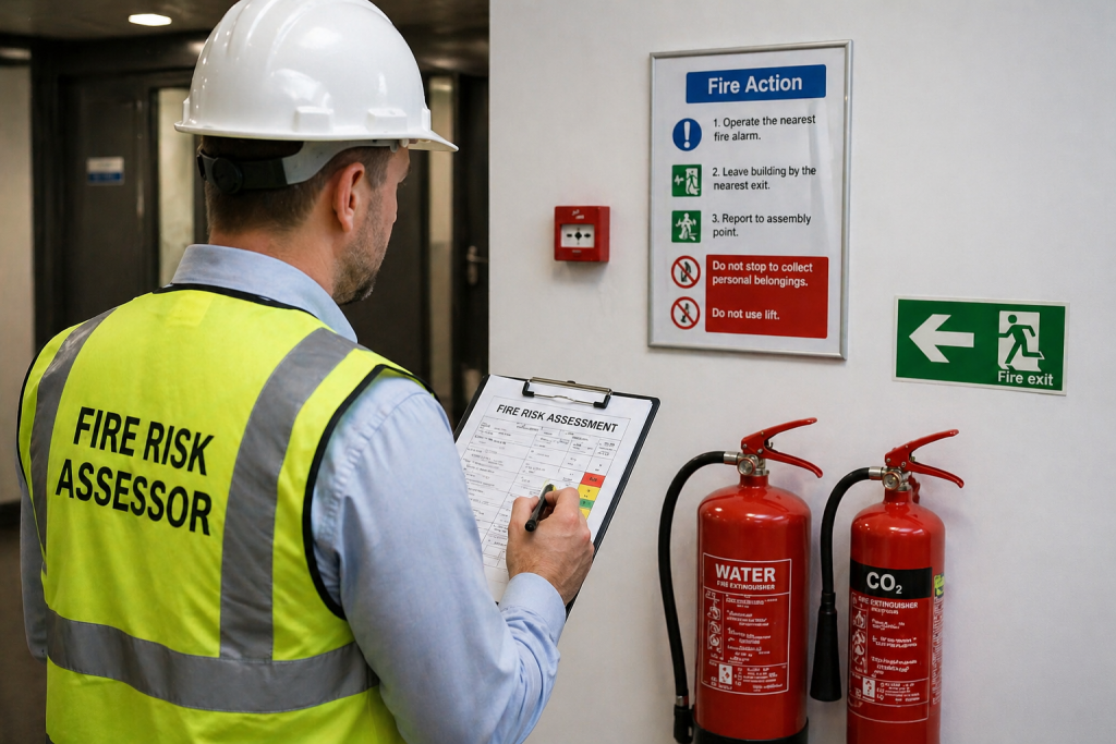 fire risk assessment page 2 - Safeguard Consultancy Fire risk assessor in a hi-vis vest and hard hat notes safety checks on a clipboard near fire extinguishers and exit signs.