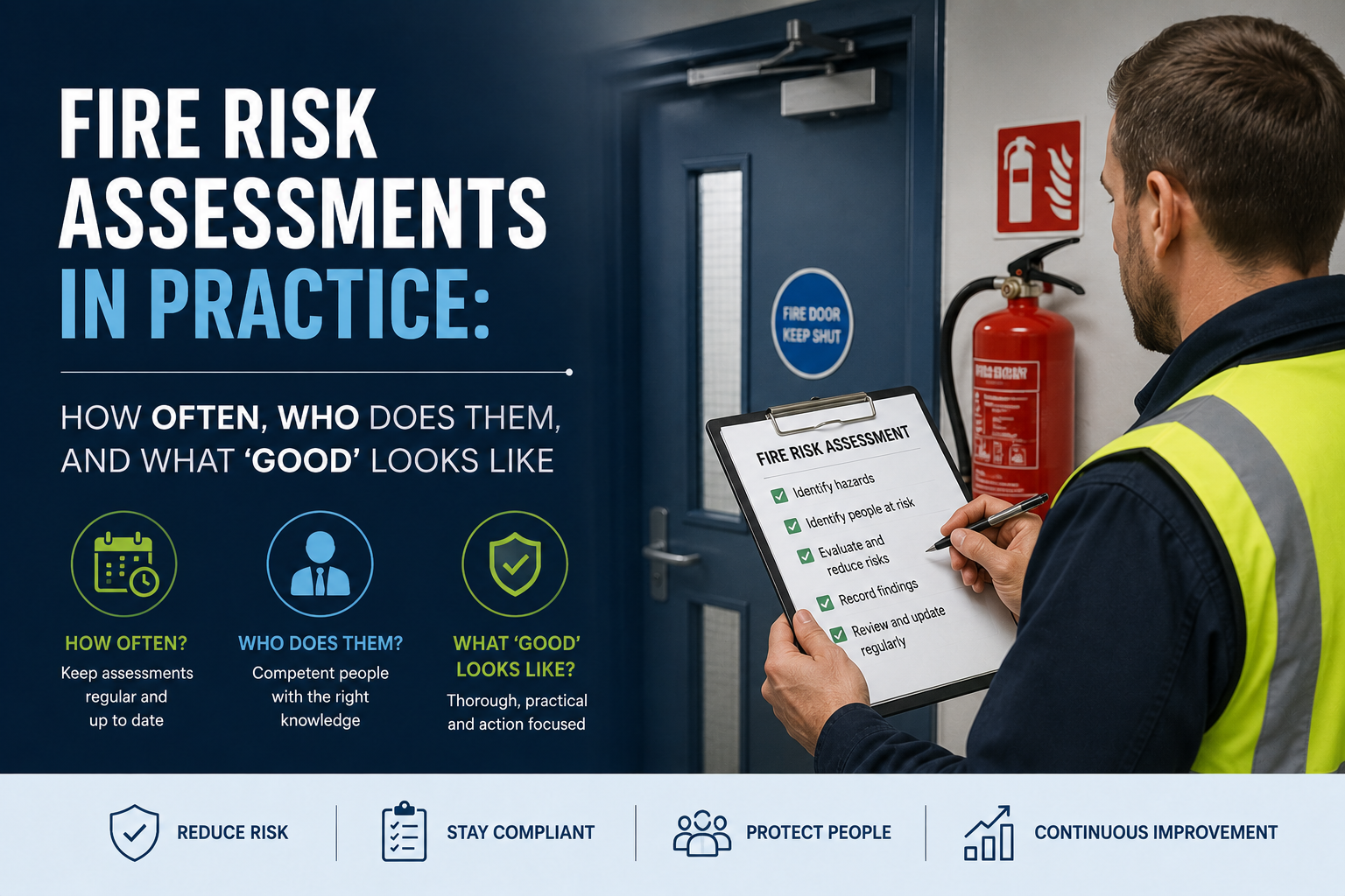 Poster: 'Fire Risk Assessments in Practice' with a safety worker in a high-visibility vest writing on a clipboard by a fire extinguisher.