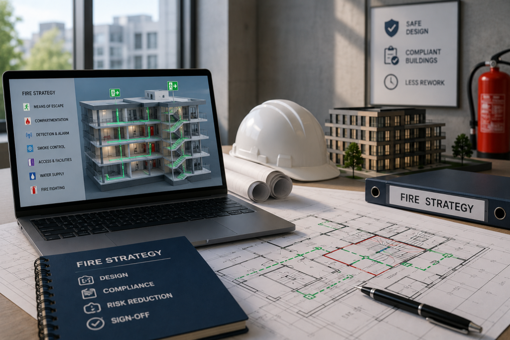 fire strategy blog 2 - Safeguard Consultancy Laptop screen shows a 3D building fire strategy model beside architectural plans on a desk, with a blue binder nearby.