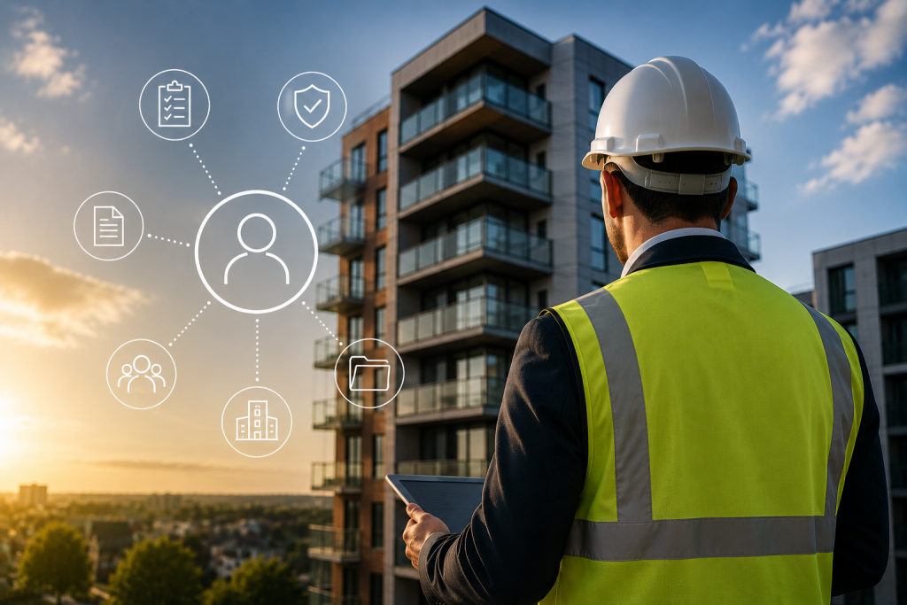 Building Safety Act 1 - Safeguard Consultancy Construction worker in a yellow safety vest and hard hat reviews data on a tablet with a modern apartment building in the background and data icons circling the central user.