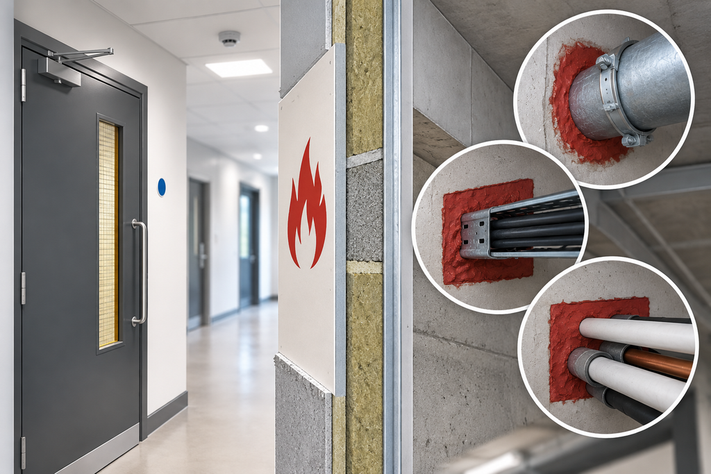 Indoor hallway with a gray fire door; overlay highlights firestop seals around a duct and pipes in wall segments, plus a flame symbol panel nearby.