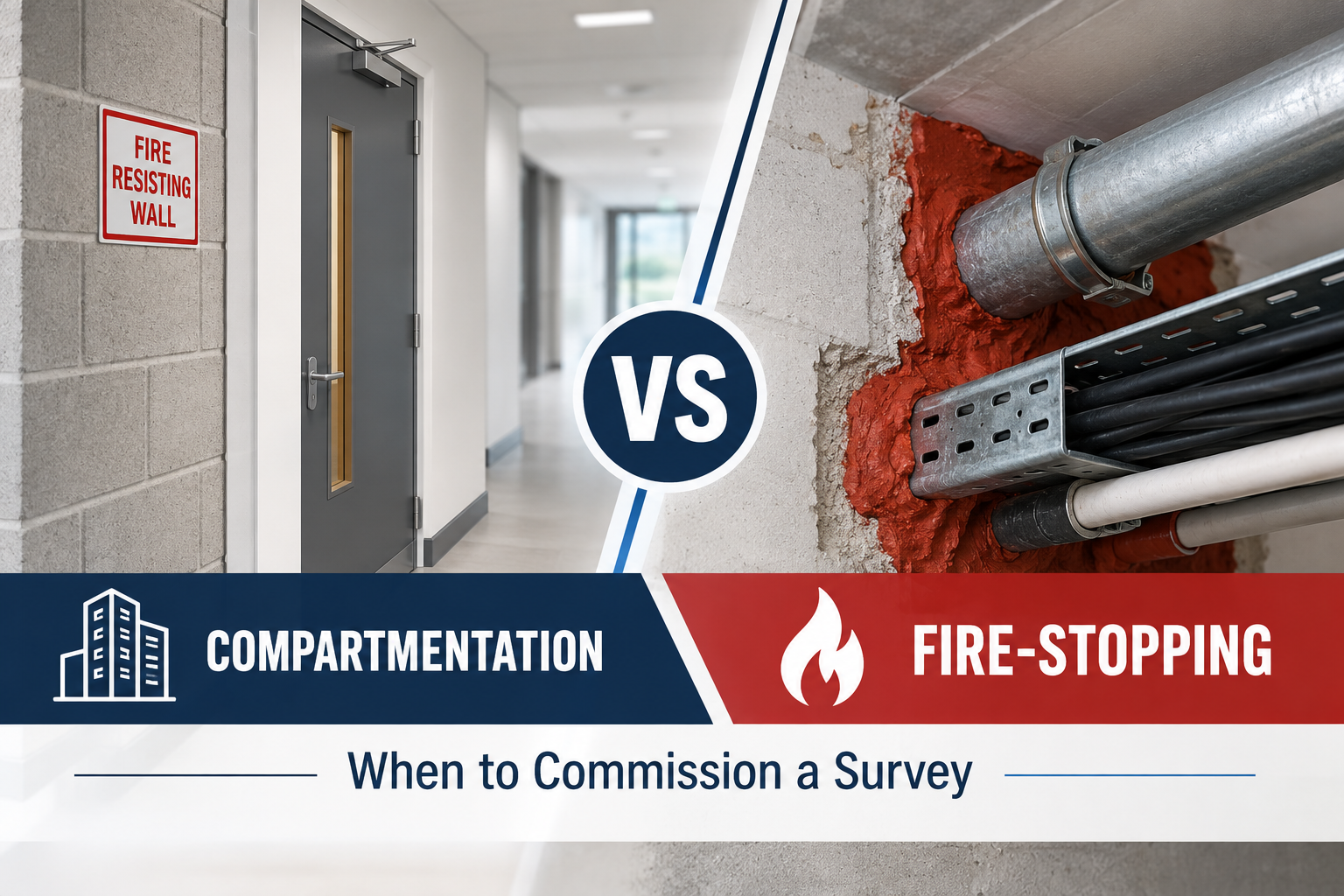 Split-image infographic contrasting compartmentation and fire-stopping, with a hallway on the left and exposed piping on the right.