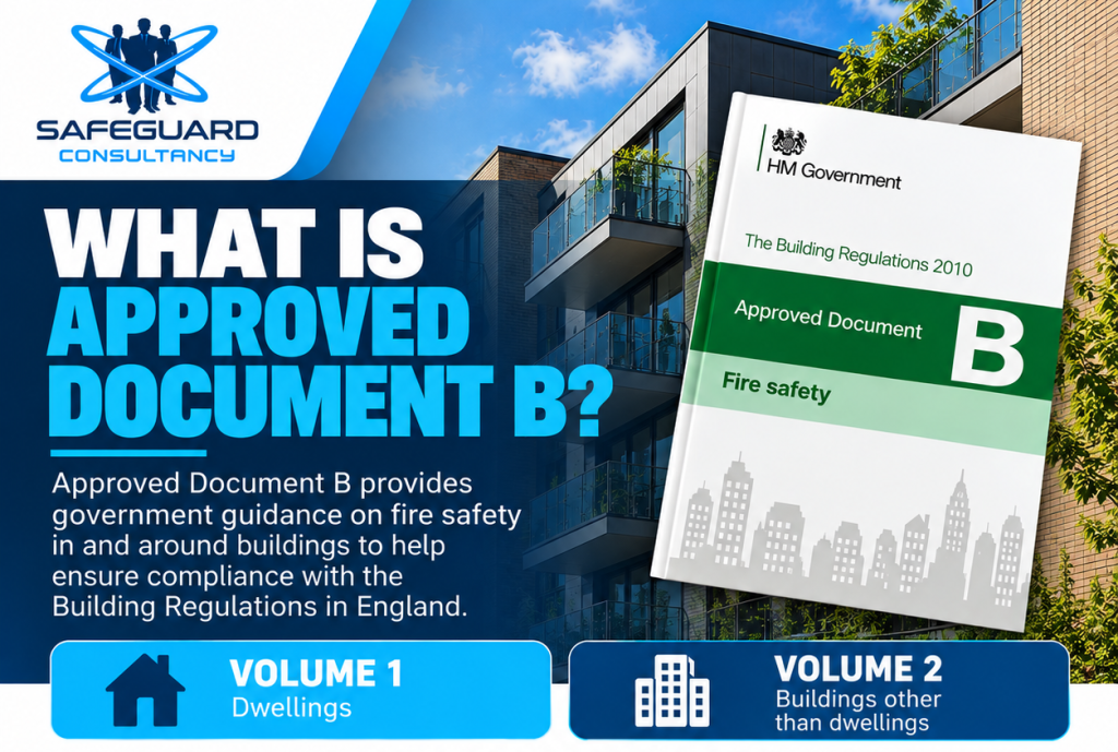 Infographic on Approved Document B fire safety, showing a government document and two volume buttons for dwellings and others buildings.