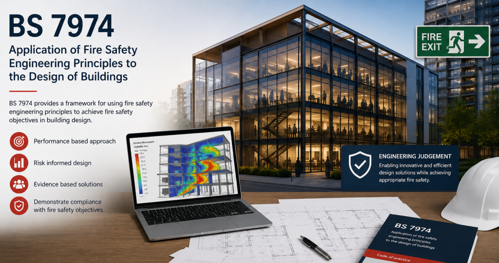 BS 7974 fire safety engineering principles poster featuring a glass office building, laptop with thermal analysis, plan sheets, and a list of guiding principles.